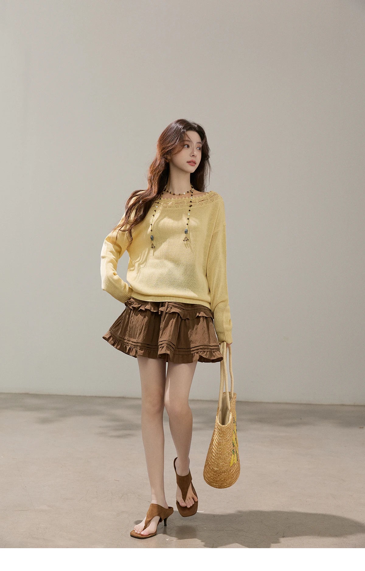 Mishow Yellow Hollow Lace Trim Boat Neck Sweater MXF15Z3050