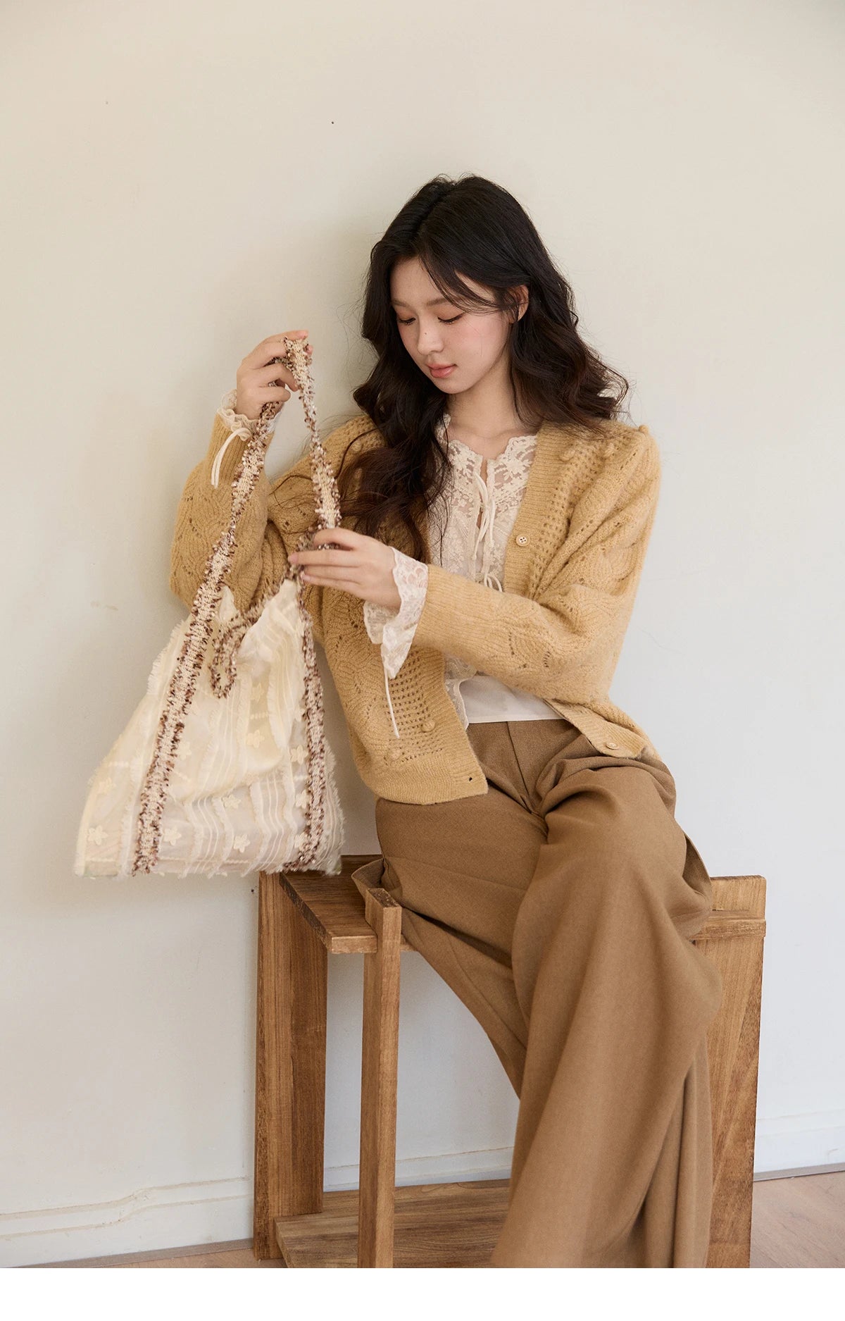 Mishow Hollow-out V-Neck Bobble Knit Cardigan MXF108Z1020
