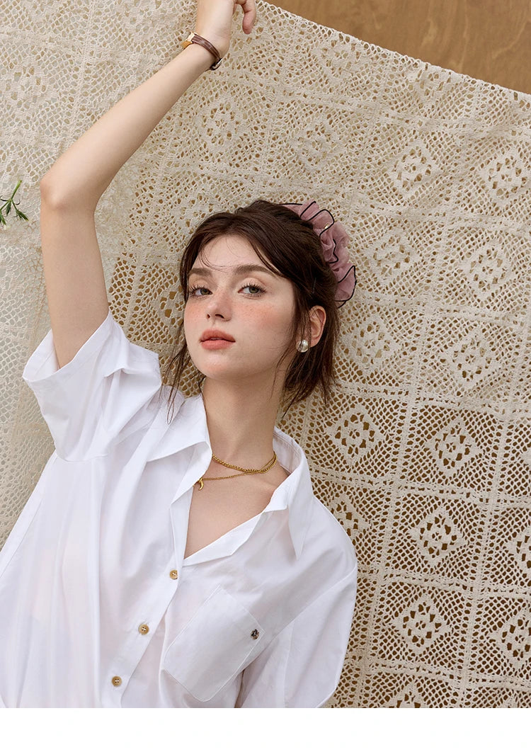 MISHOW French Turn-Down Collar Short Sleeve Solid Blouse MXE33C0778