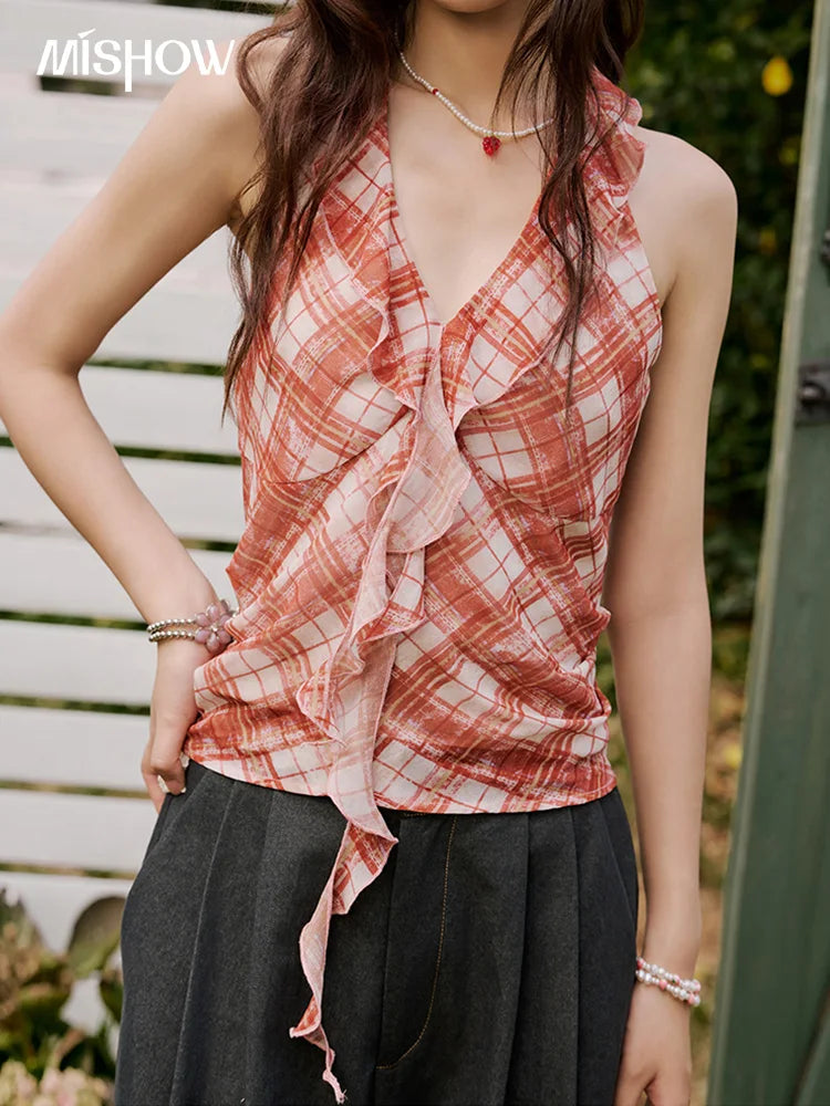 MISHOW French Retro Red Grid Hanging Neck Blouse Ruffled Edges Backless MXE34X1785