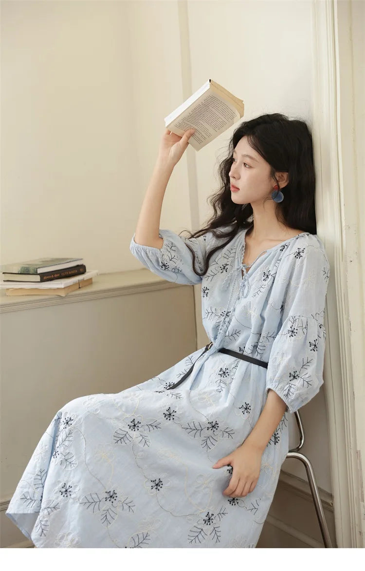 MISHOW Blue Flower Embroidered Lantern Sleeve Dress MXE42L2493