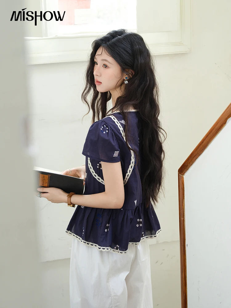MISHOW O-Neck Spliced Lace Blouse Embroidery Flower MXE39X1965
