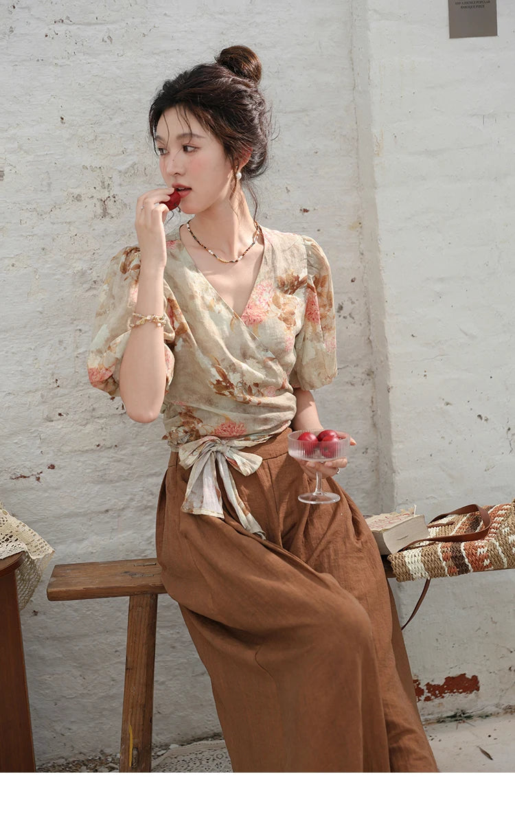 MISHOW French V-Neck Floral Puff Sleeve Blouse MXD28X1619