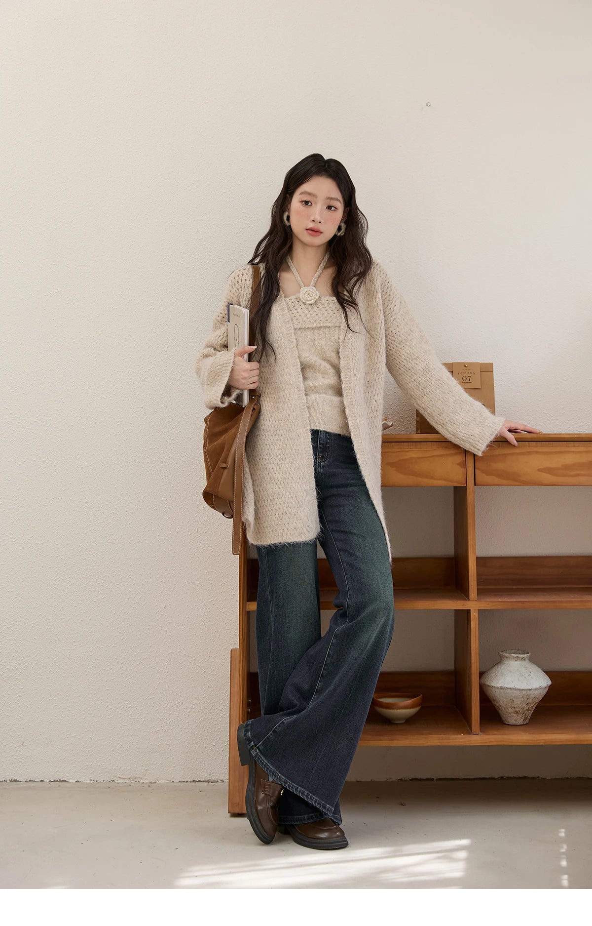 Mishow Apricot Knitted Halter & Cardigan Two-Piece Set MXE51T1424