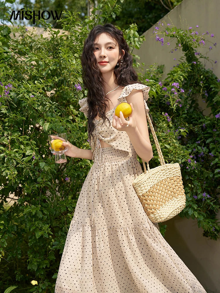 Mishow Polka Dot Flying Sleeve Fake Two-Piece Dress MXD28L1902