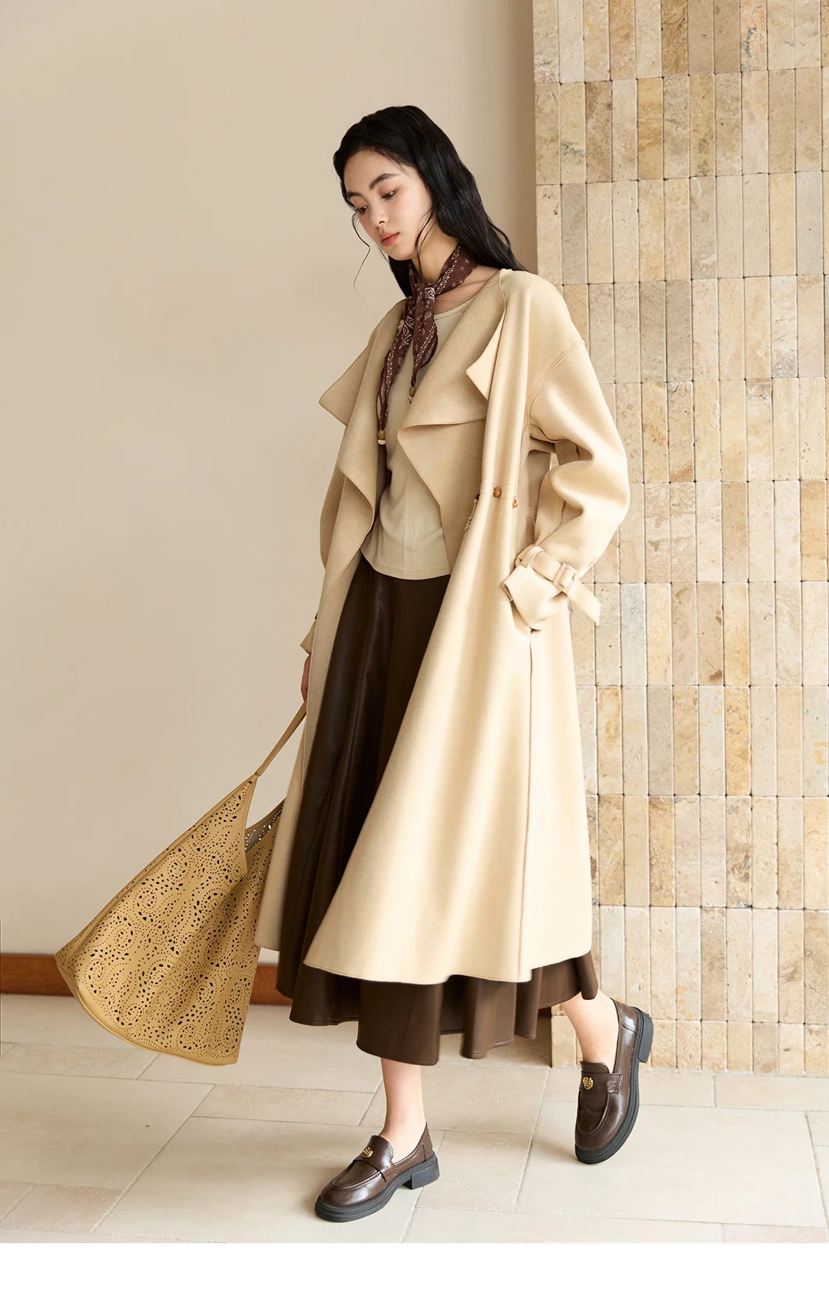 Mishow Drawstring Waist Large Lapel Mid-Length Woolen Coat MXE45W0841