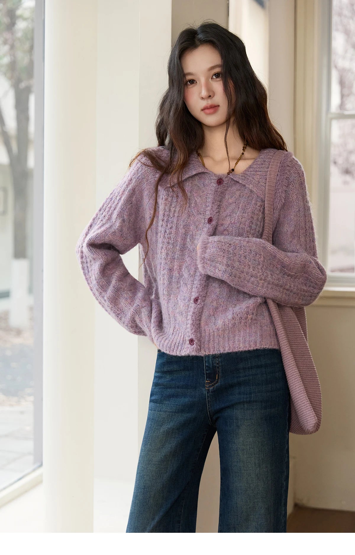 Mishow Purple Turn-Down Collar Imitation Mink Cardigan MXE88Z2616