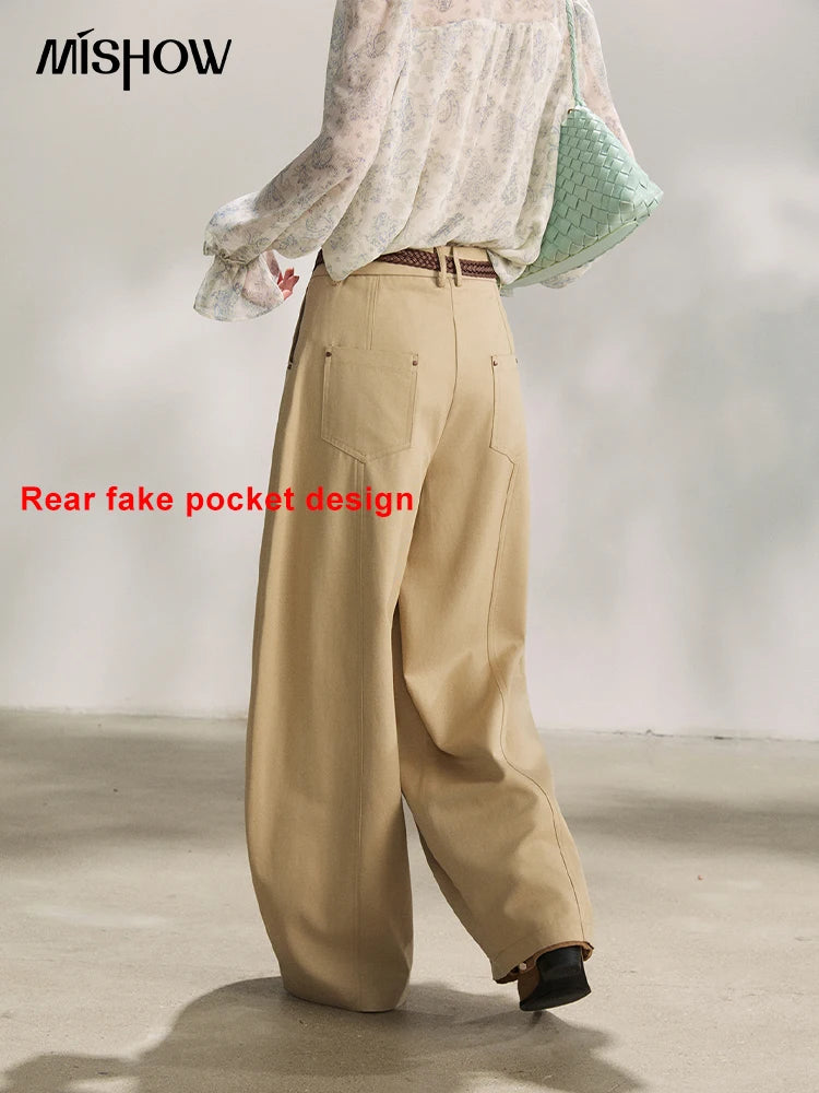 MISHOW Khaki Wide Leg Pants High Waist Belted Rear Pocket MXF13K1237