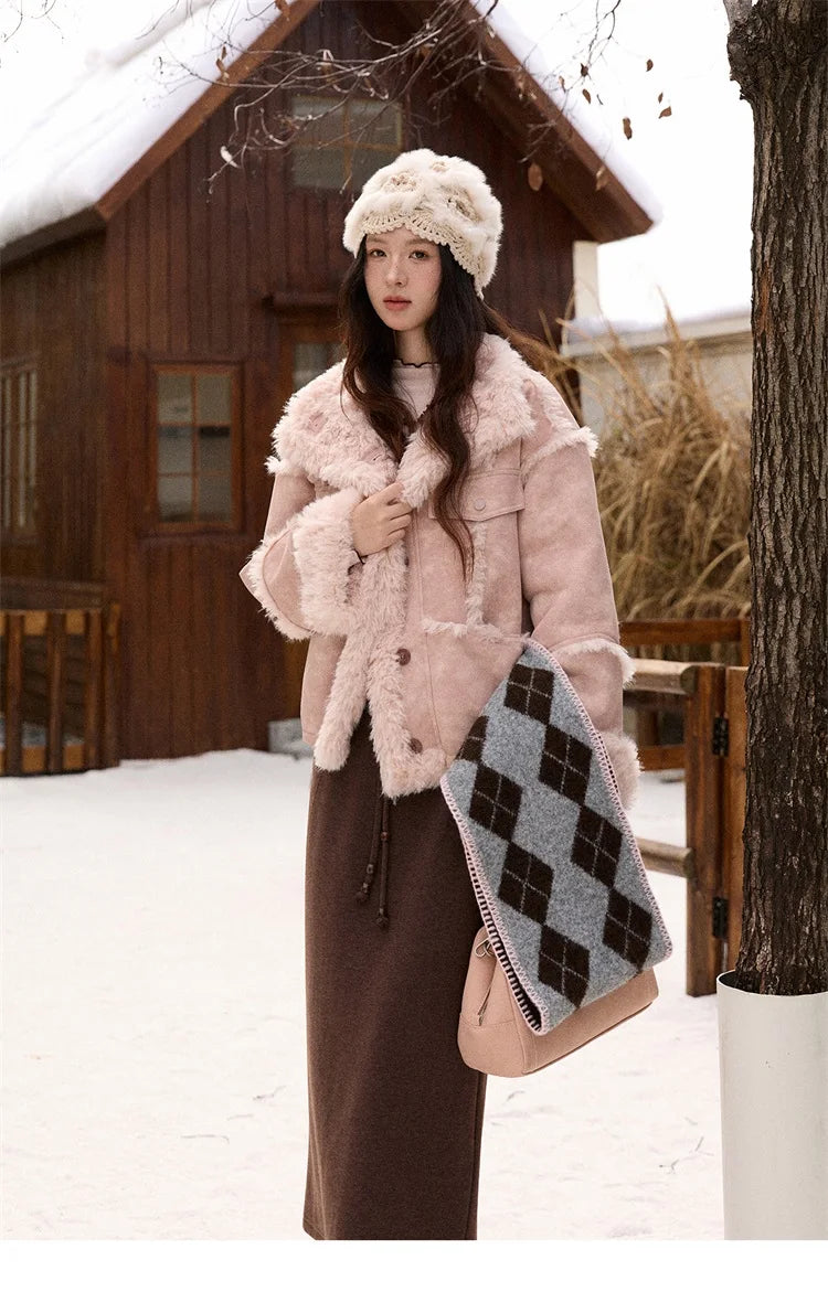 MISHOW Pink Plush Patchwork Coat Stand Collar Windproof MXE51W0911