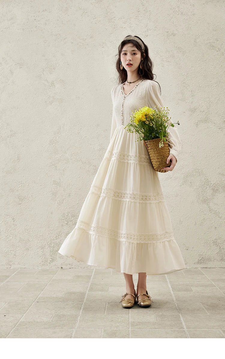 Mishow Apricot 100% Cotton Splicing Lace Dress MXE16L2168