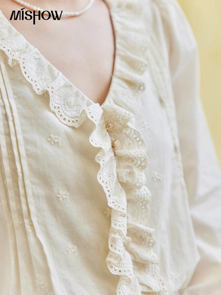 MISHOW V-Neck Long Sleeve Blouse Solid Loose Fold Detail MXE14X1732