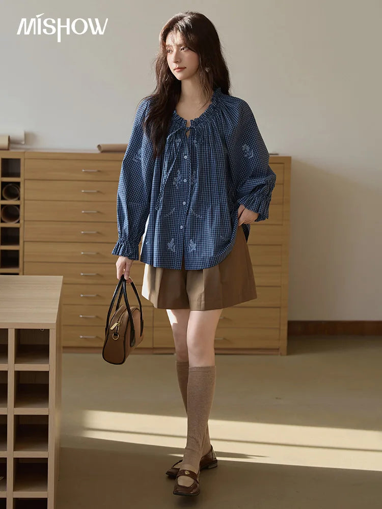 MISHOW Blue Plaid Embroidered Shirt Black Fungus Edge Collar MXE44X2467