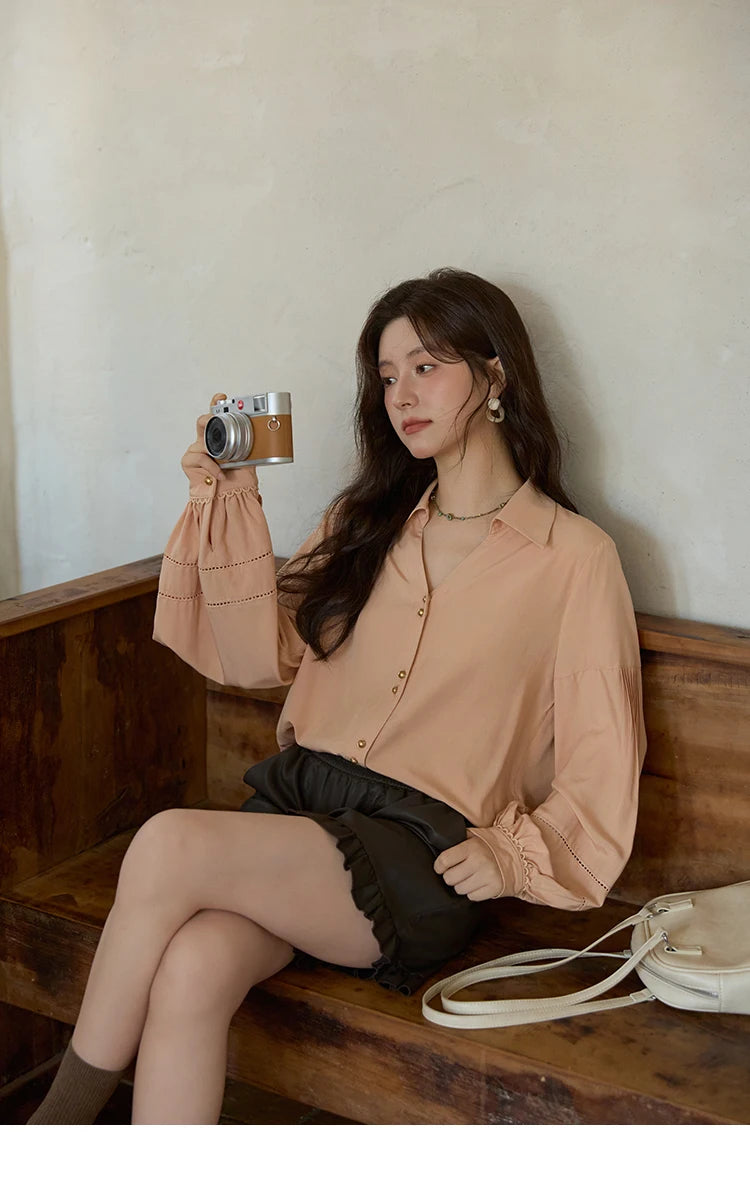MISHOW Women's Lantern Sleeve Hollow Out Shirt Lapel Solid Top MXE41C2359