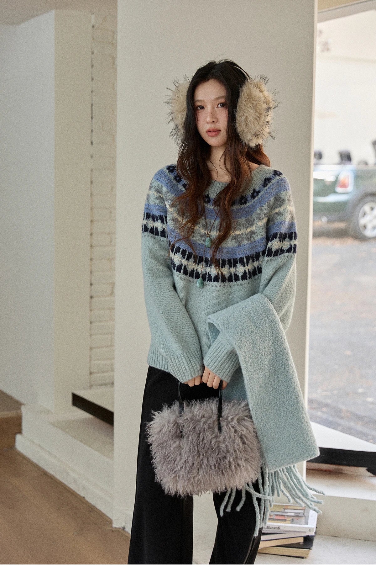 Mishow Blue Fair Isle Geometric Jacquard Pullover MXE87Z2767