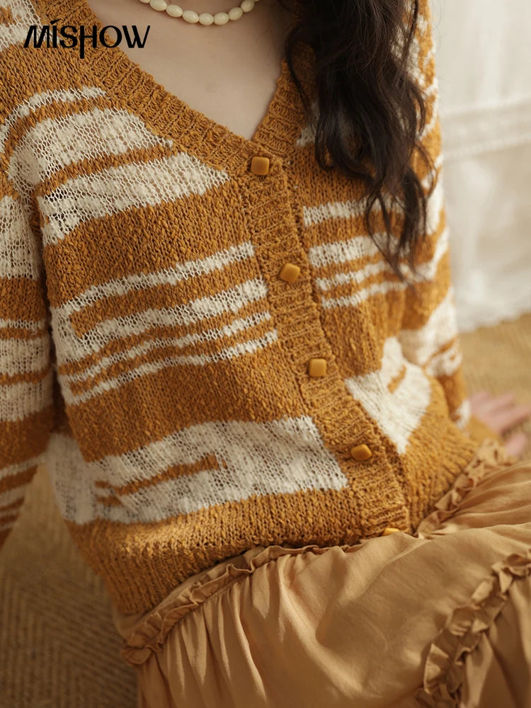 Mishow Retro Yellow Striped V-Neck Cardigan MXE44Z2516