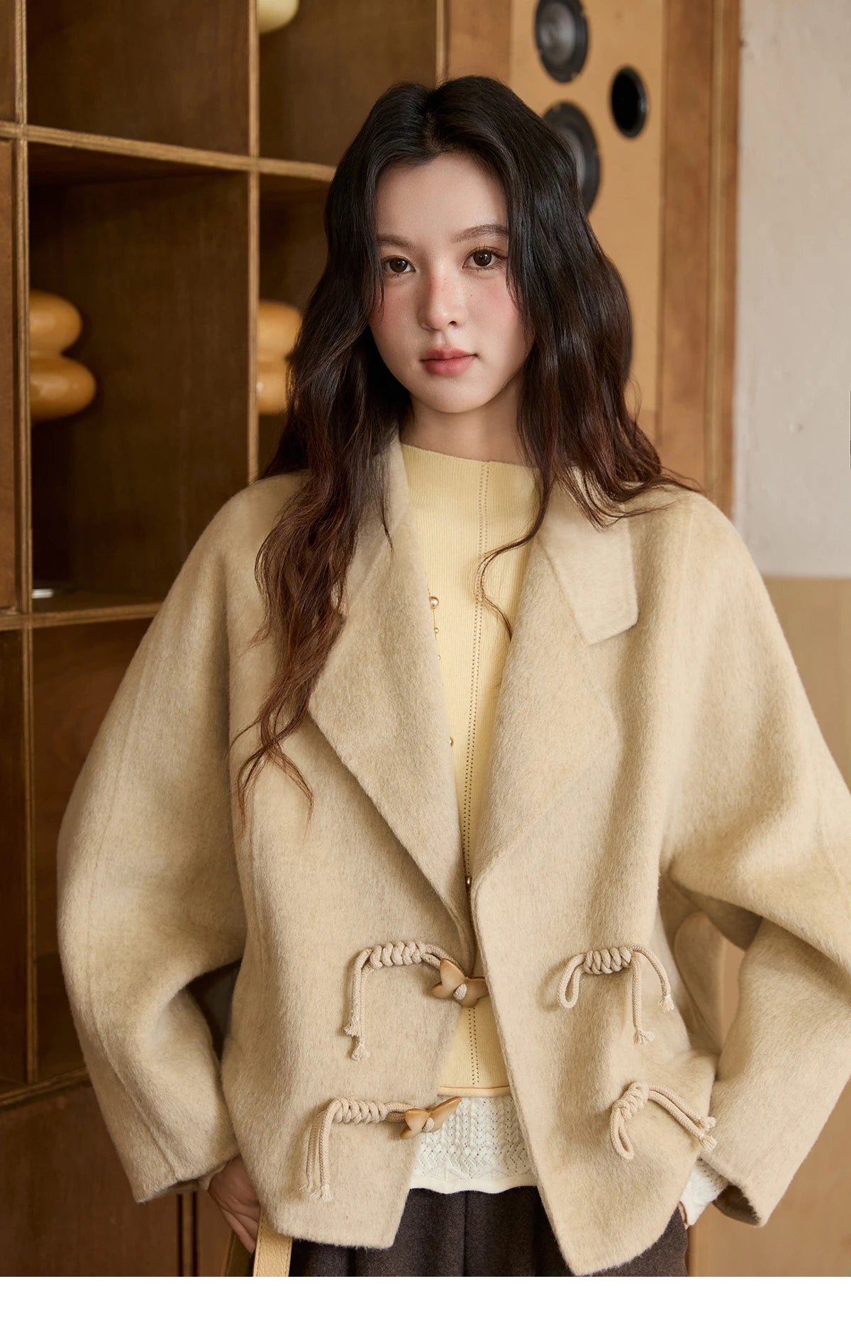 Mishow 100% Wool Retro Apricot Double-Faced Butterfly Button Coat MXE51W0887