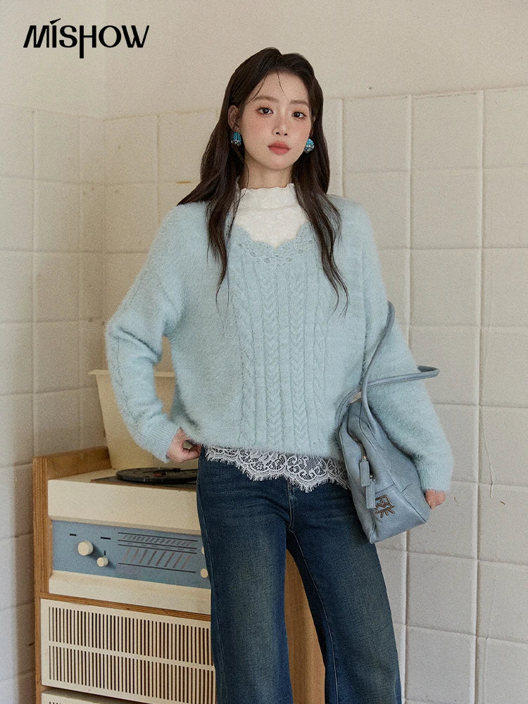 Mishow Apricot Soft V-Neck Cable Knit Pullover MXE51Z2594