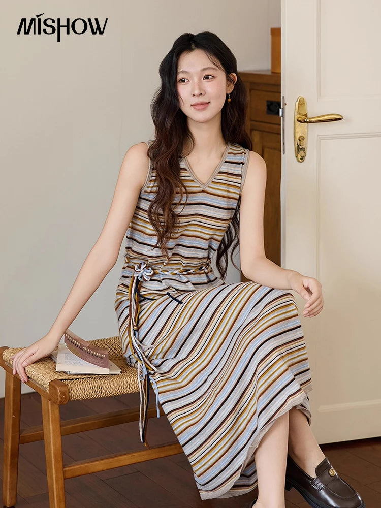 Mishow Striped V-Neck Tied Waist Long Dress MXE46L2521
