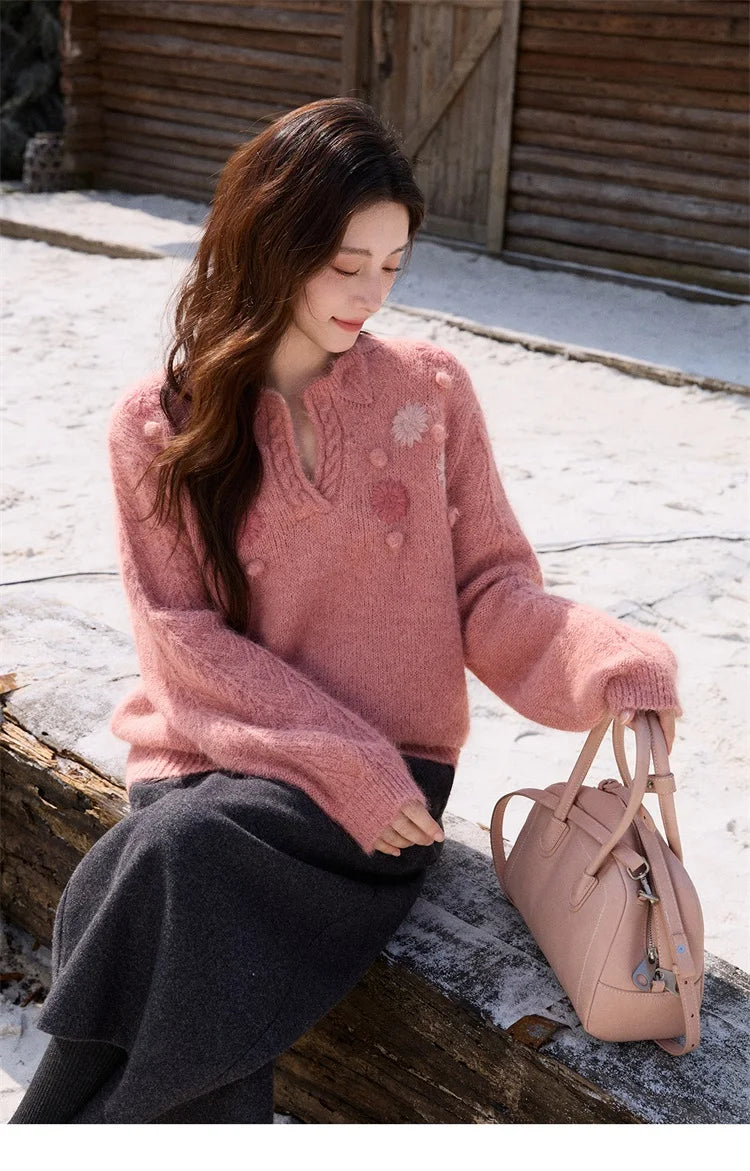 Mishow Raspberry Pink Floral Pom-Pom V-Neck Sweater MXE86Z2740