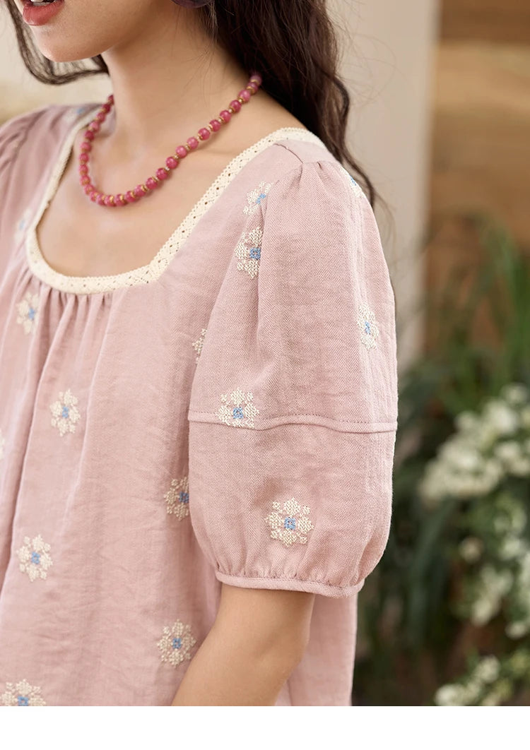 MISHOW Pink Embroidered Linen Blouse Square Collar Lace Patchwork MXE35X1834