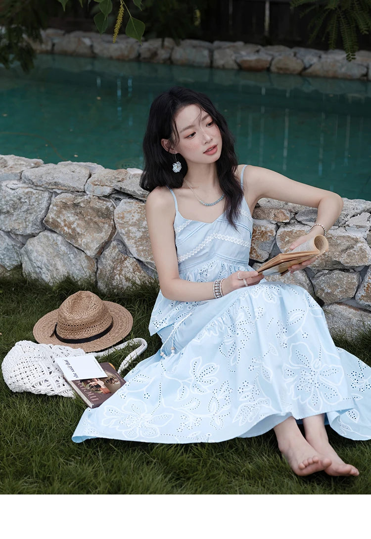 Mishow Strap V-Neck Embroidery Top & Drawstring Skirt Set MXE34T0624