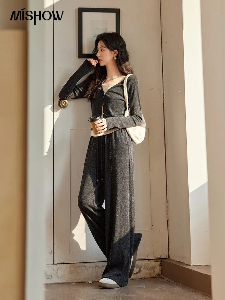 Mishow False Two-Piece Splicing Knit Top & Wide Leg Pants Set MXD35Z0877