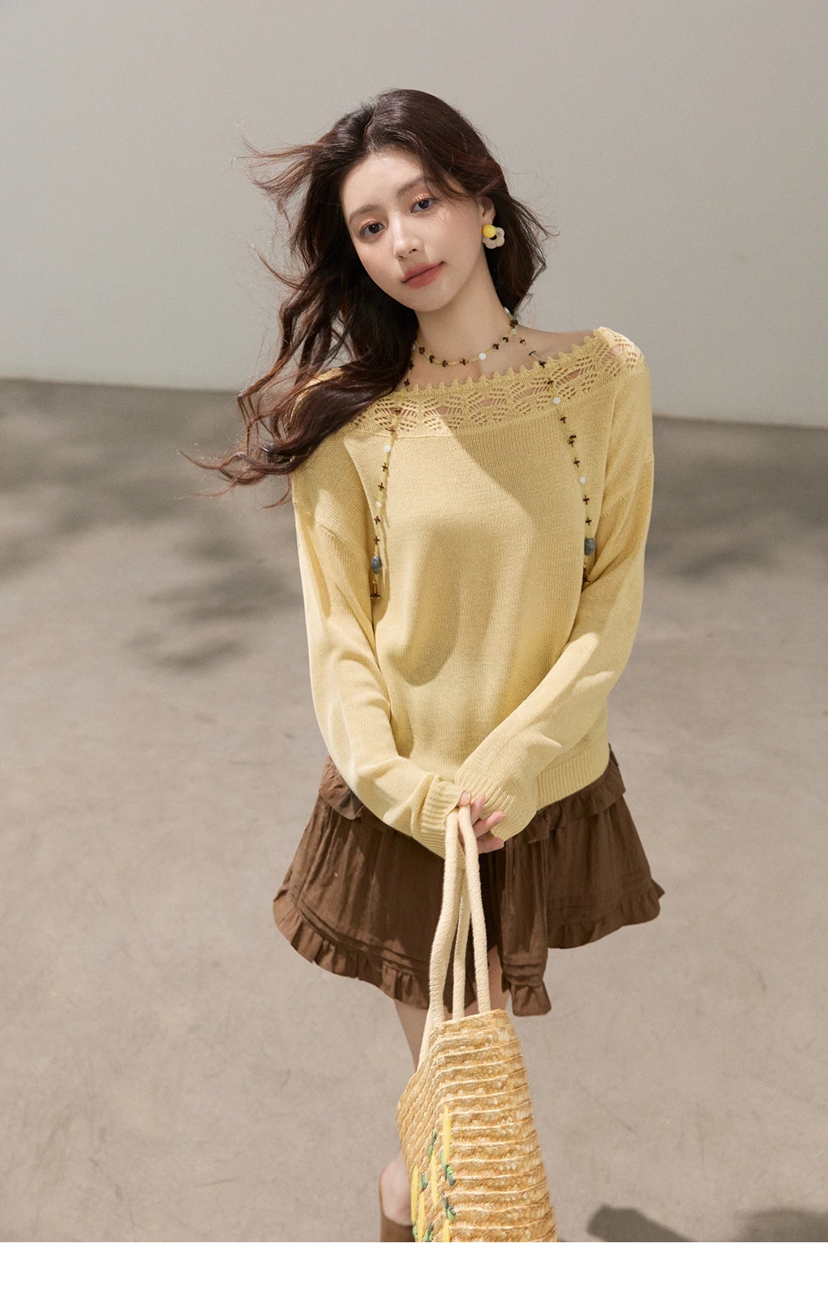 Mishow Yellow Hollow Lace Trim Boat Neck Sweater MXF15Z3050