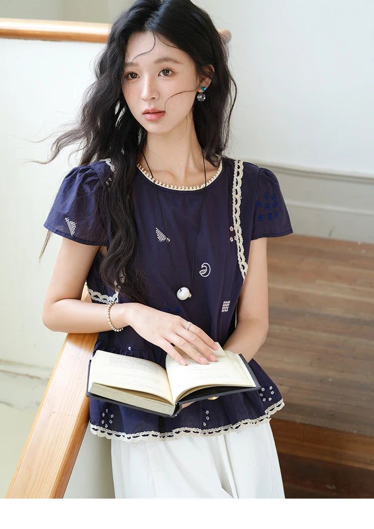 MISHOW O-Neck Spliced Lace Blouse Embroidery Flower MXE39X1965