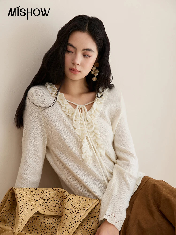 Mishow Beige V-Neck Wood Ear Hollow Sweater MXE51Z2595