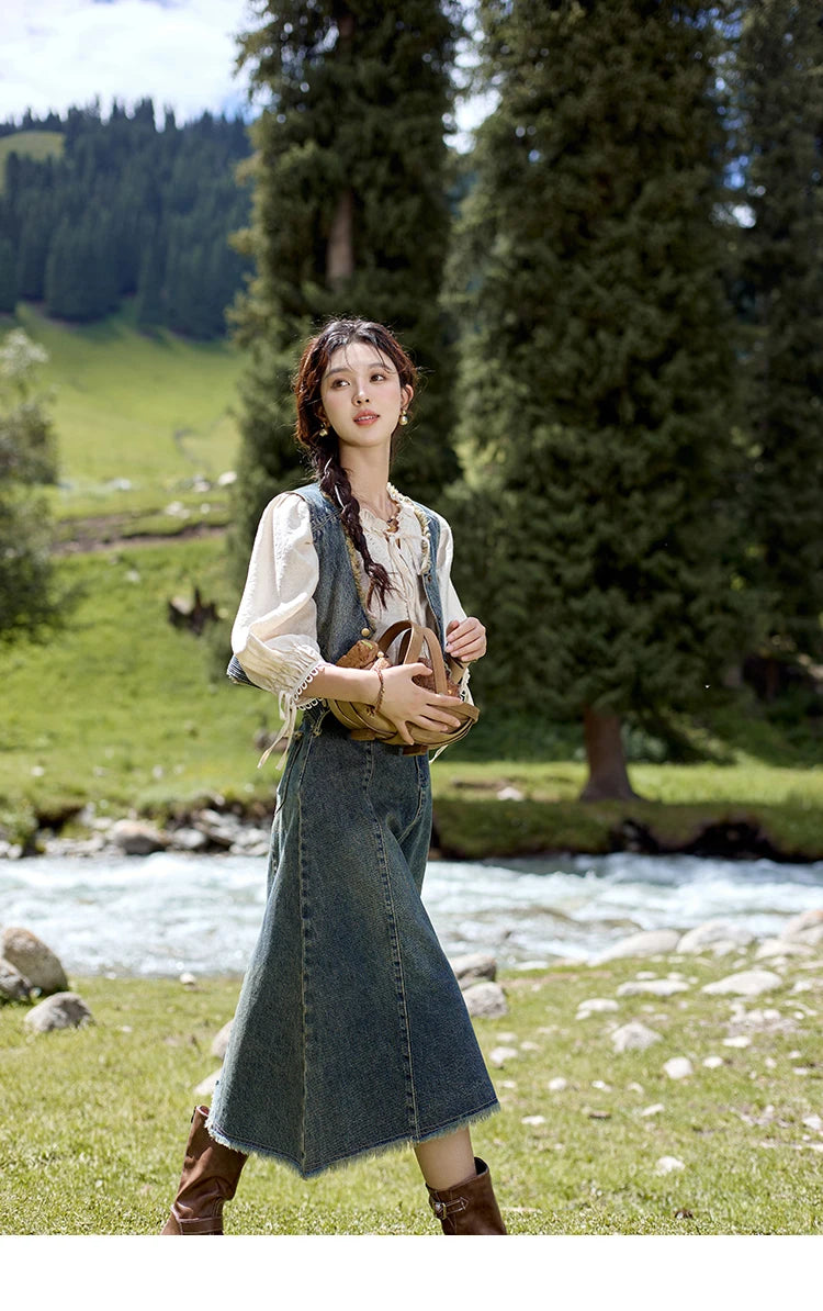 MISHOW Washed Hem Fringed Denim Midi Skirt A-Line Retro MXD41B0453