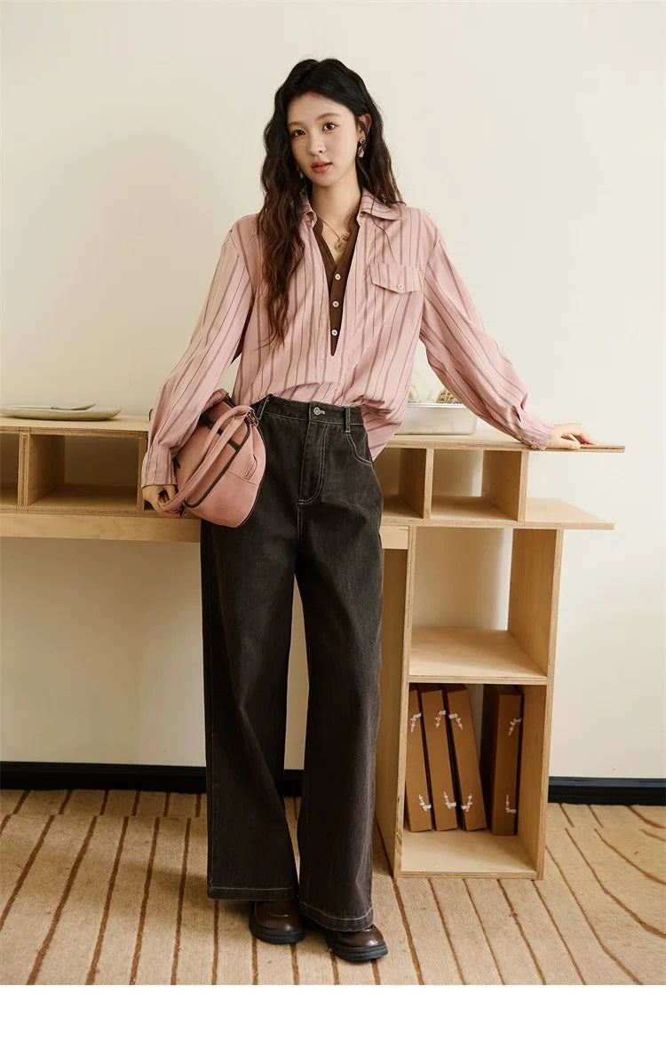 MISHOW Peach Skin Velvet Stripe Shirt Double Layered Collar MXE47C2408