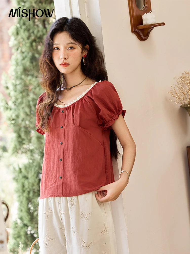 MISHOW Short Puff Sleeve Blouse Lace Collar Slimming MXE35X1827