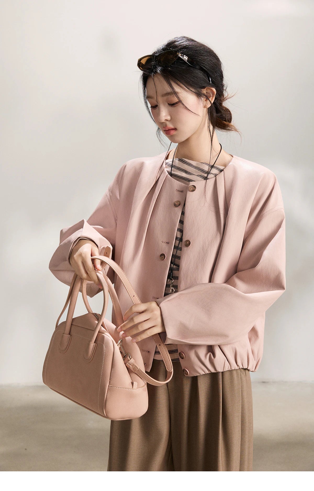MISHOW Pink Flower Bud Leather Jacket Crew Neck Single-Breasted MXF108W1001
