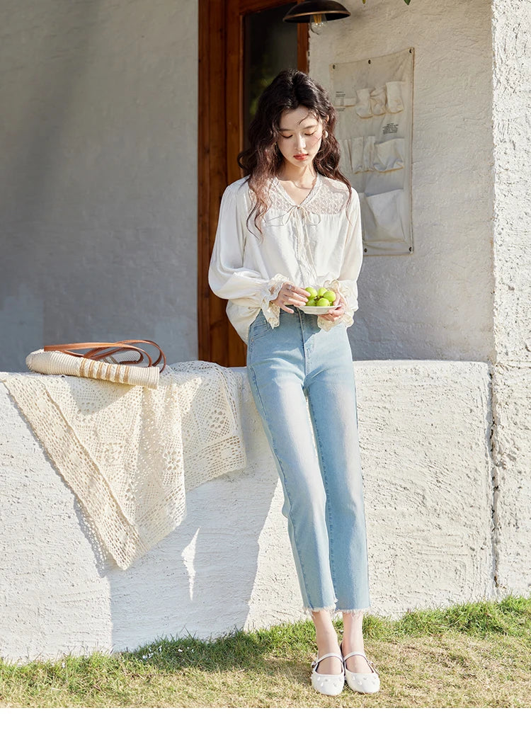 MISHOW Lace Patchwork Shirt V-Neck Fungus Edge Petal Sleeve MXE13X1713