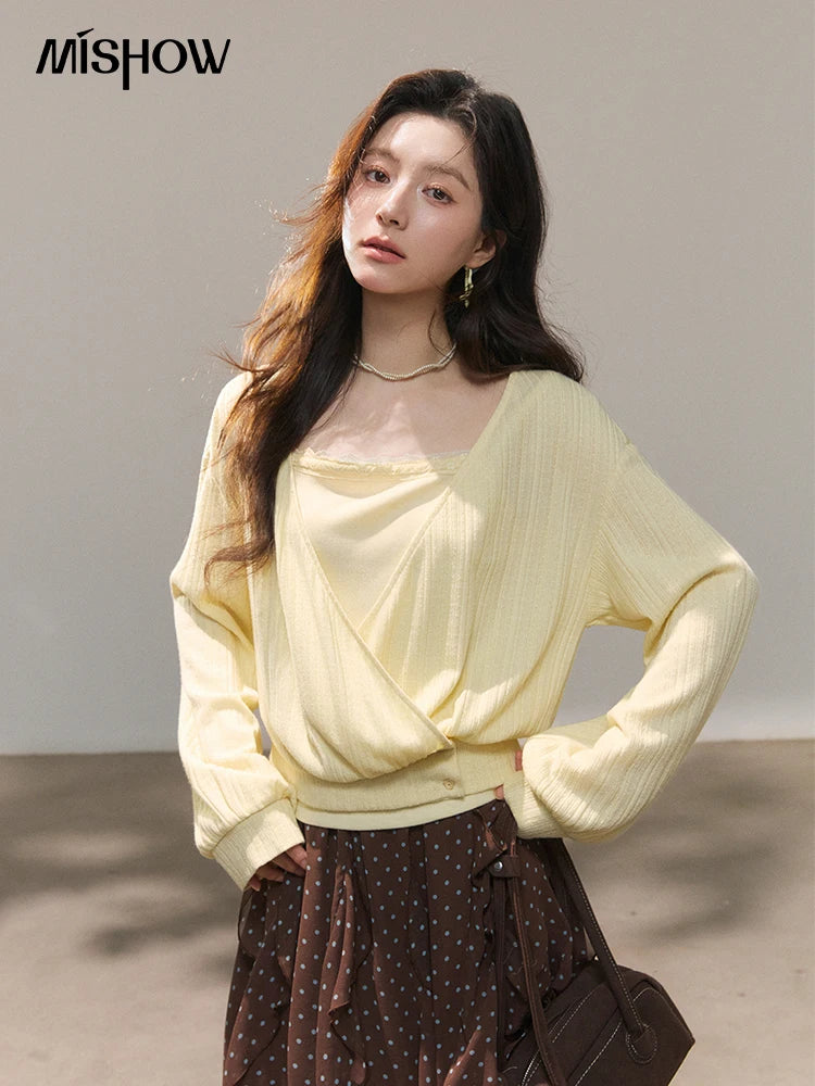 Mishow Lemon Yellow Lantern Sleeve Top & Lace Camisole Set MXF13T1513