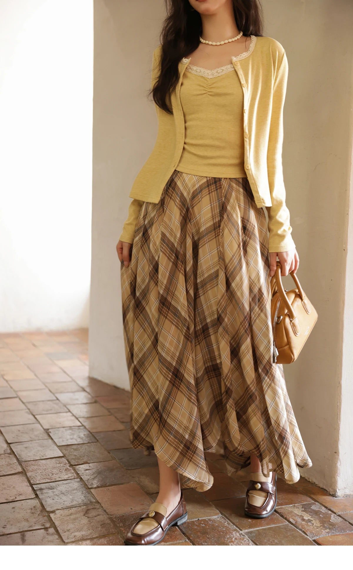 MISHOW Coffee Plaid Skirt Asymmetrical Hem Side Zipper A-Line MXE42B2377