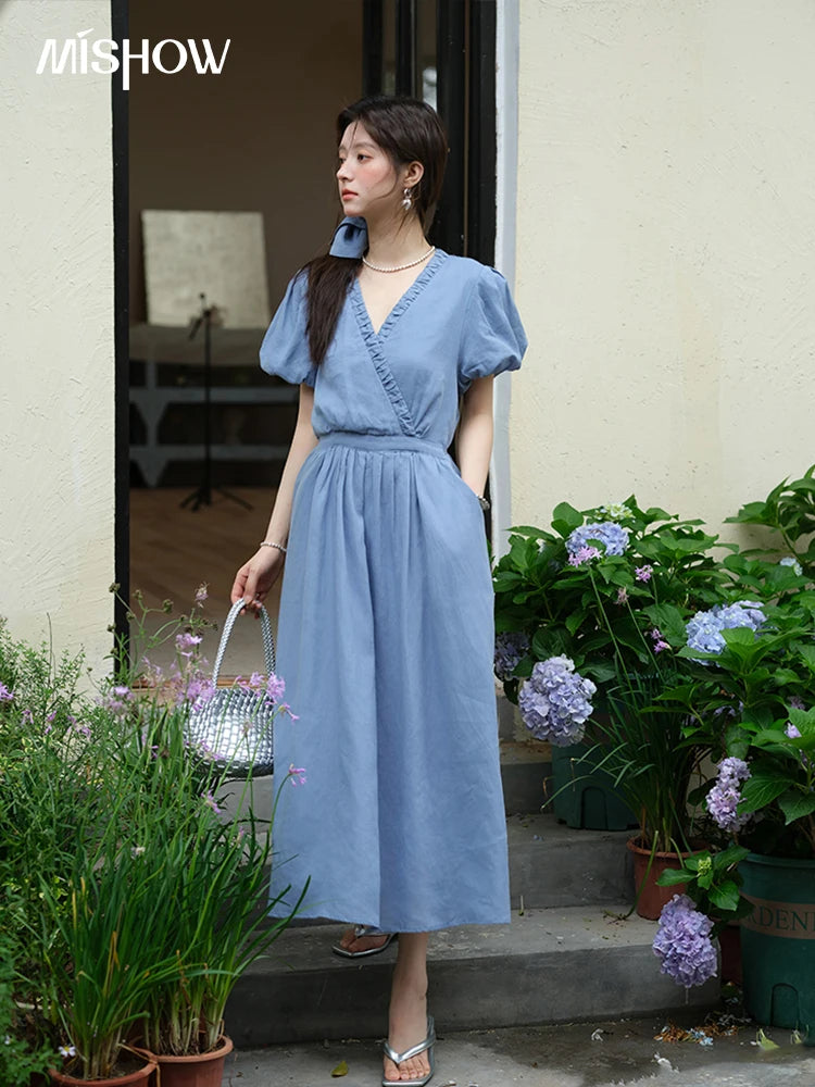 Mishow V-Neck Puff Sleeve Pocket Sash Dress MXE39L2381