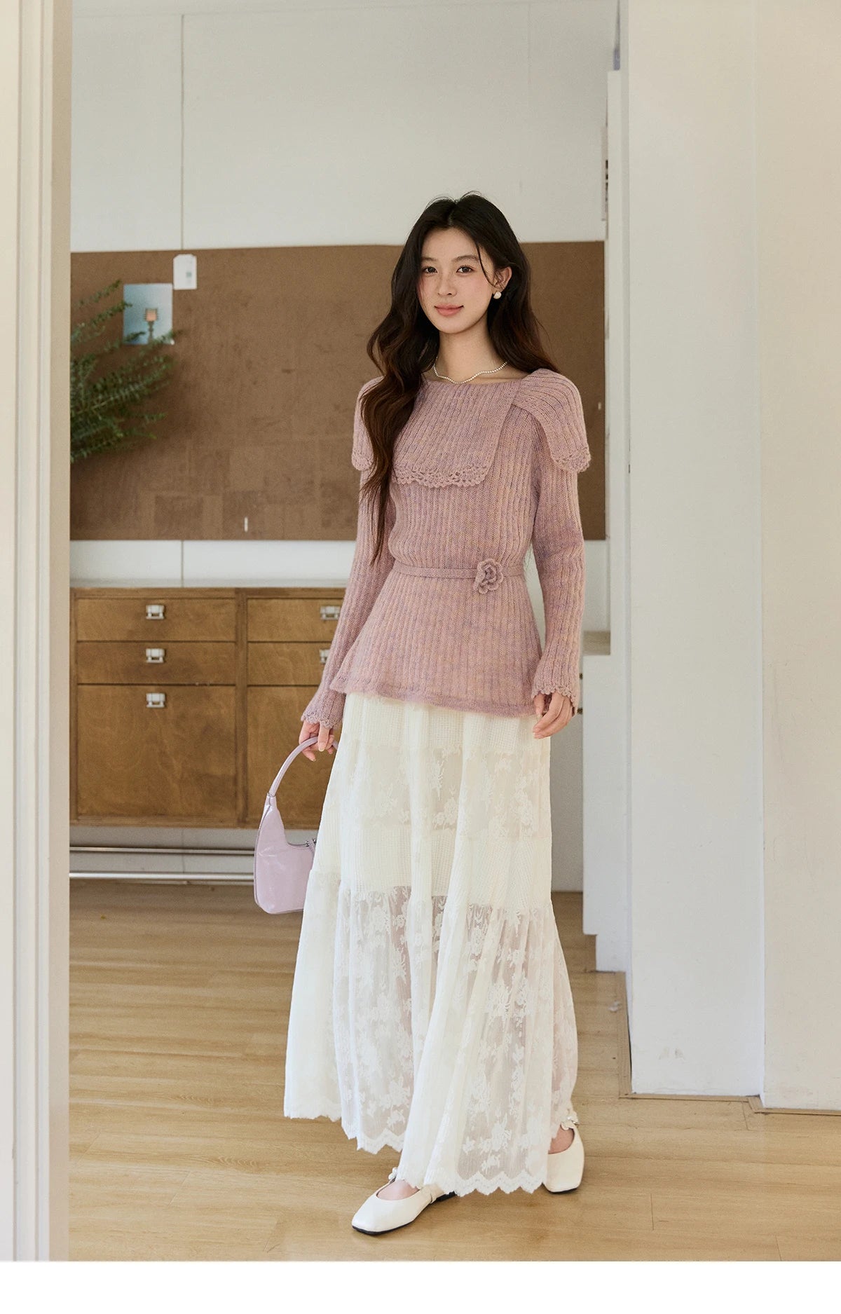 Mishow Pink Large Collar Lace Belted Pullover MXF11Z2901