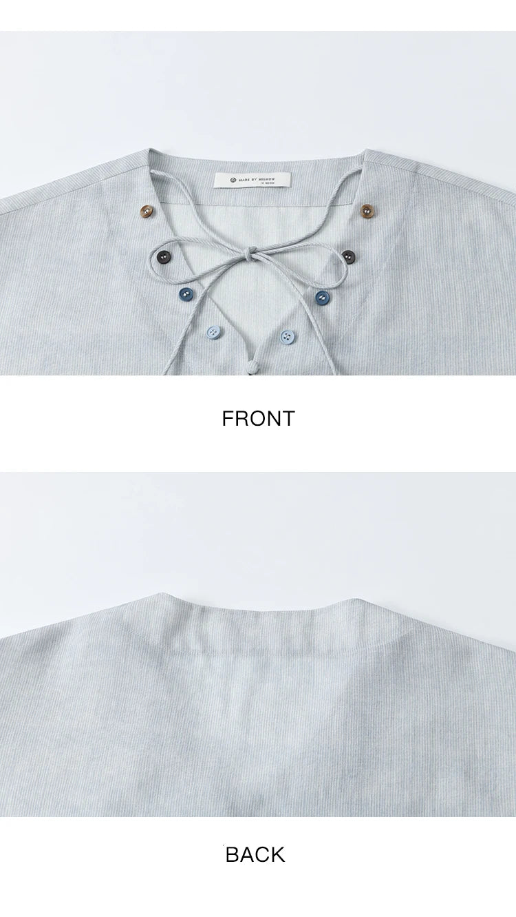 MISHOW Solid V-Neck Blouse Short Puff Sleeve Lace-Up MXE33X1743