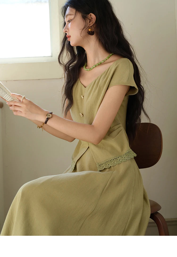 Mishow V-Neck Lace Hollow Top & Pocket A-Line Skirt Set MXE39T0665