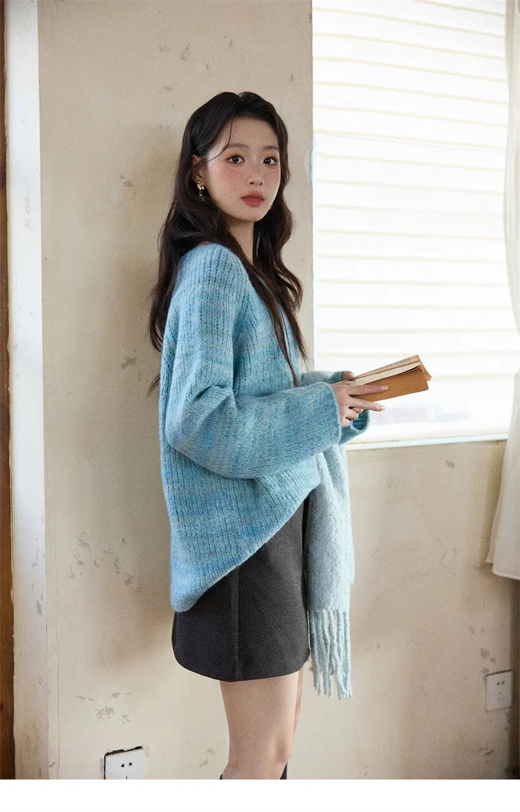 Mishow Blue Loose Crew Neck Long Sleeve Pullover MXE86Z2733