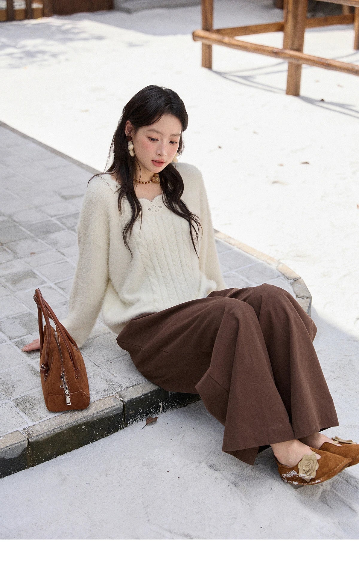 Mishow Apricot Soft V-Neck Cable Knit Pullover MXE51Z2594