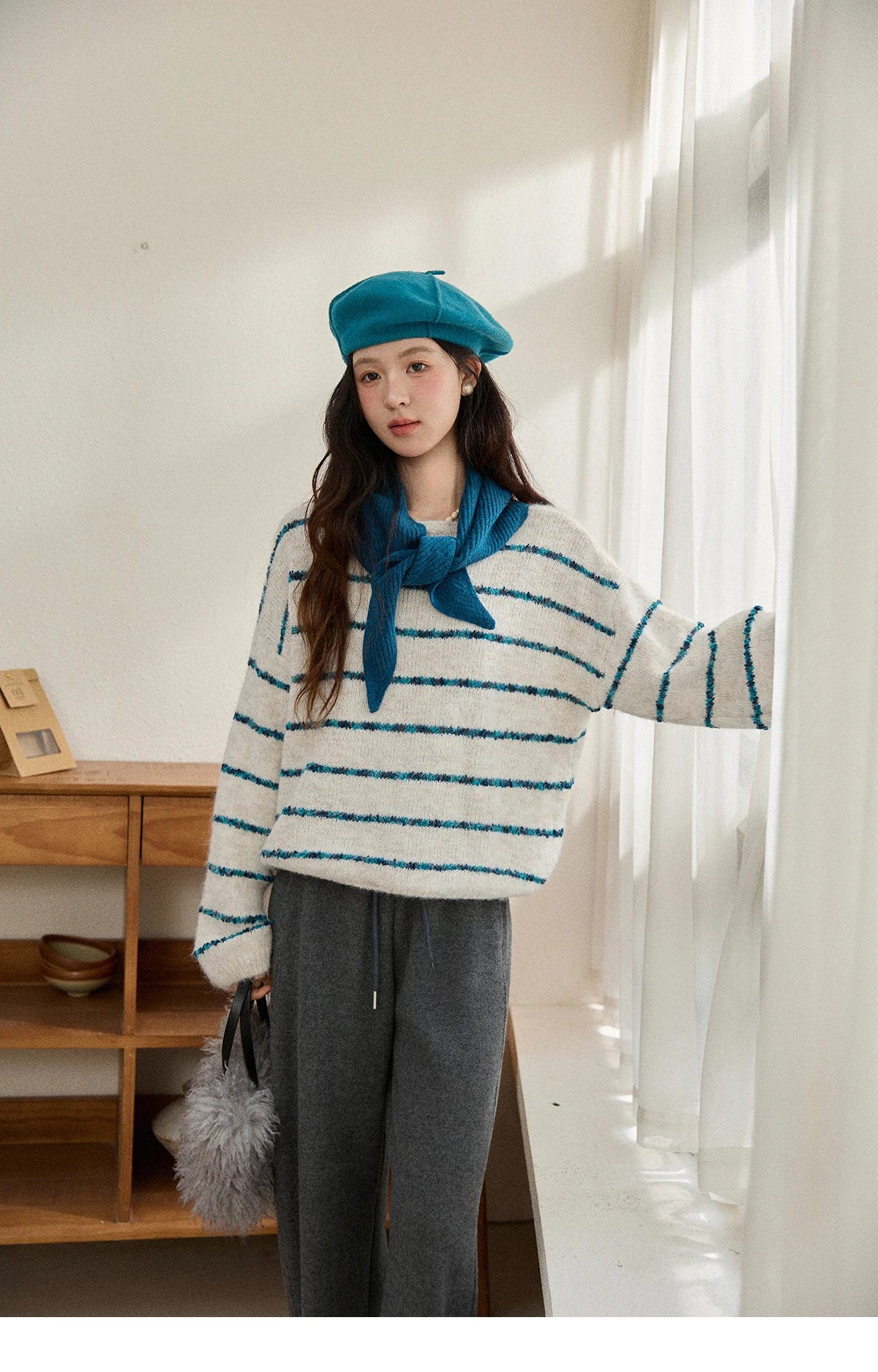 Mishow Blue Striped Alpaca Wool Sweater with Scarf Set MXE90Z2821