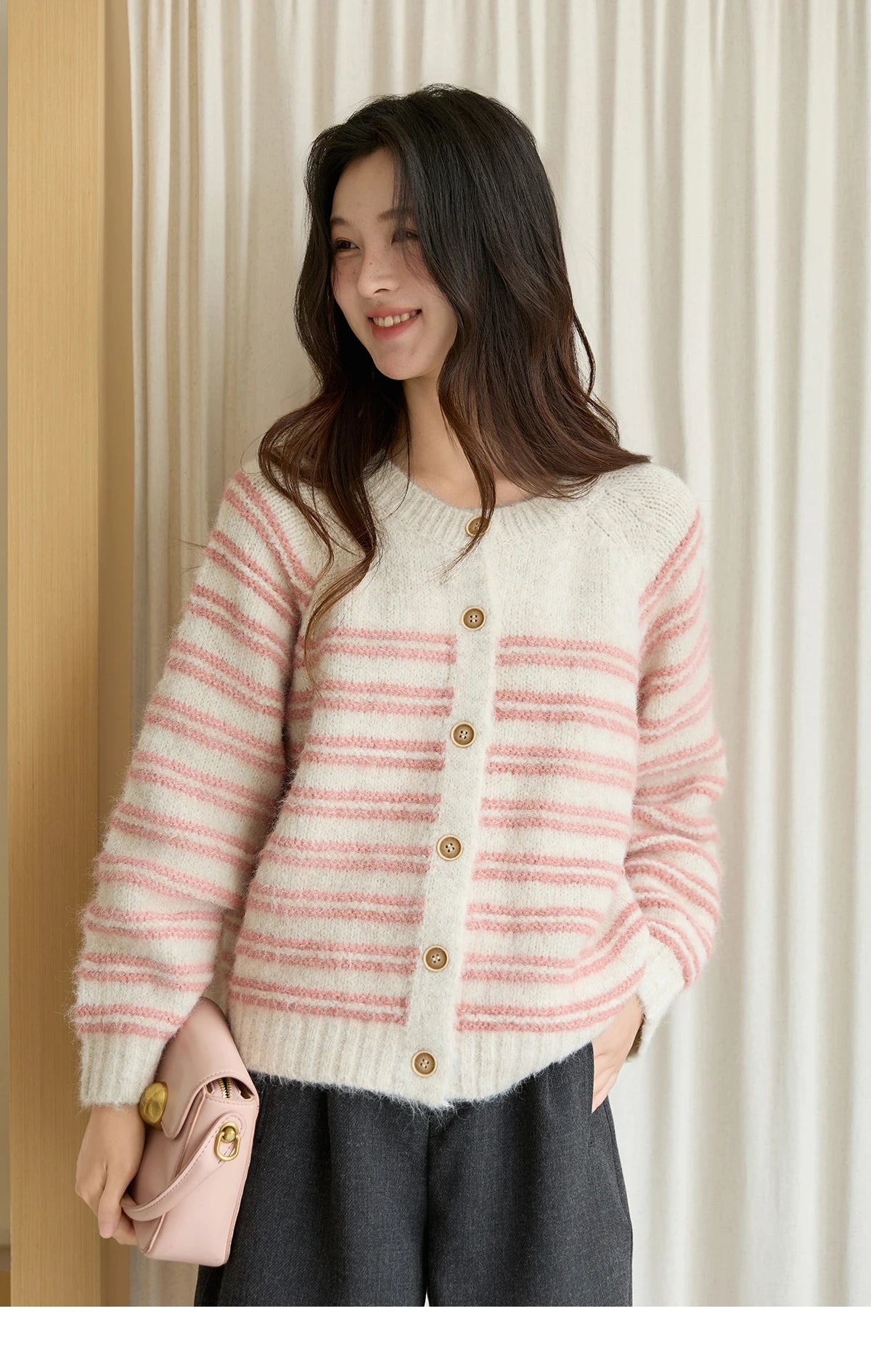 Mishow Pink Striped Wool Blend Cardigan MXE49Z2615