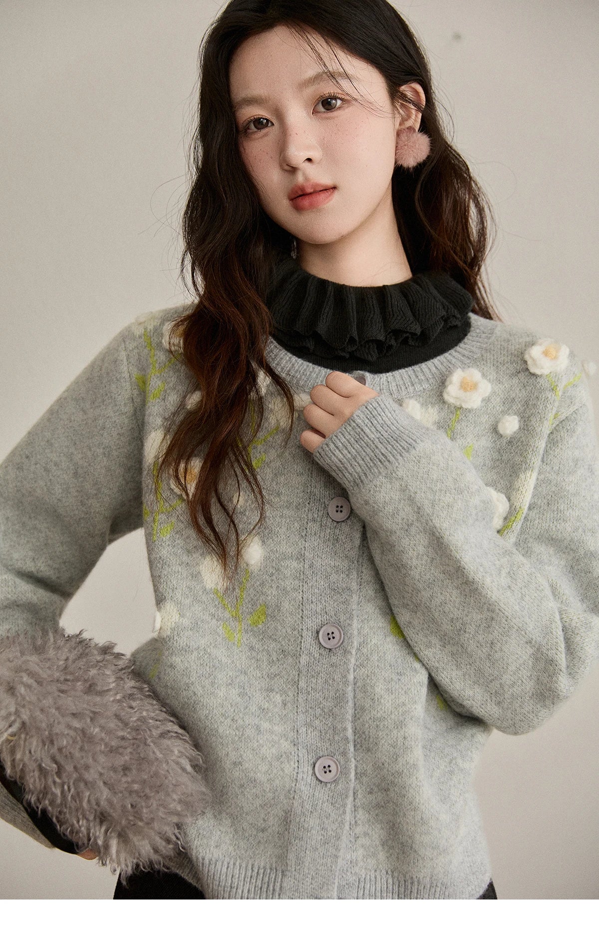 Mishow Gray Flower Embroidery Round Collar Cardigan MXE91Z2836