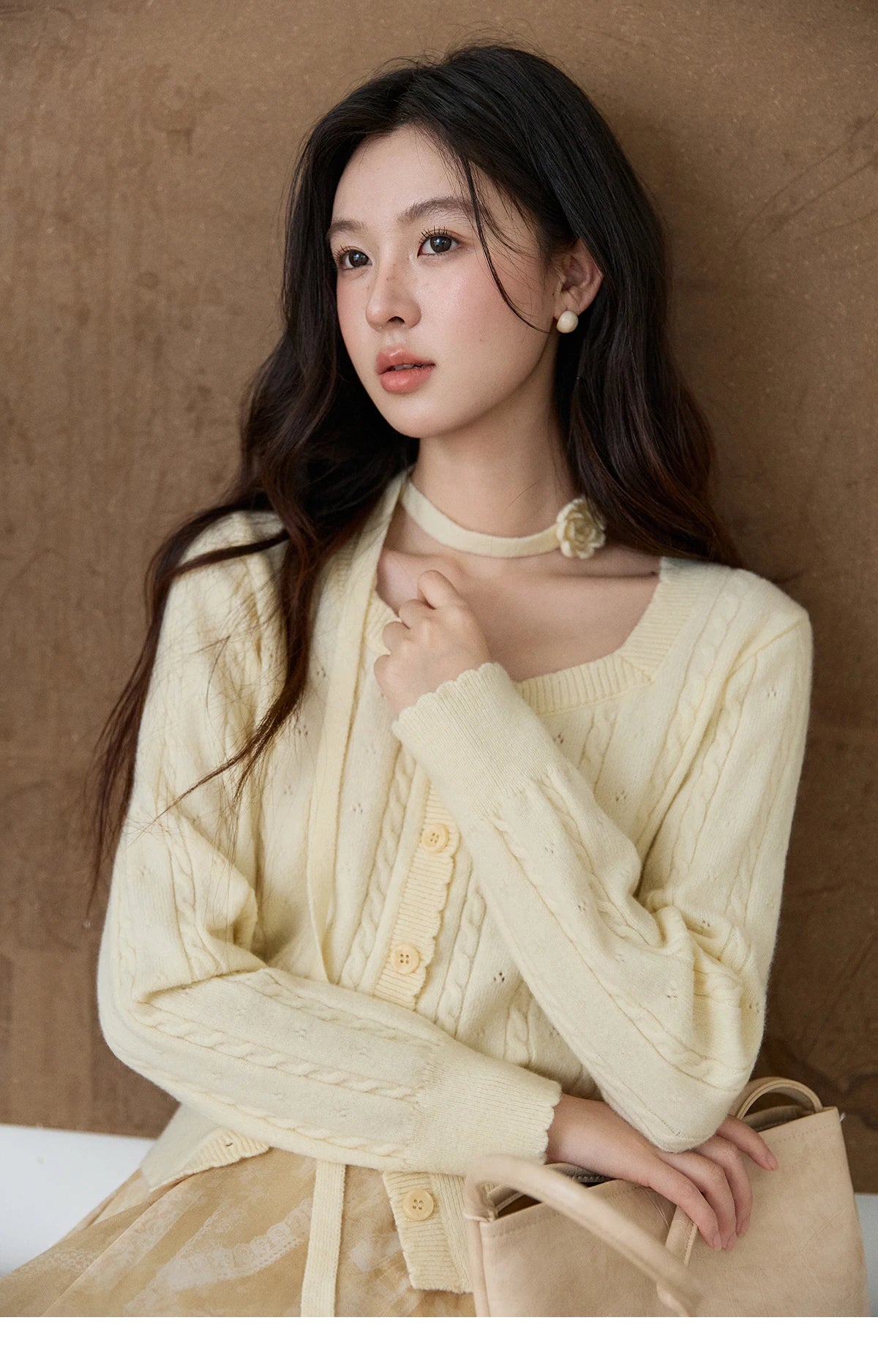 Mishow Beige Cable Knit Square Neck Cardigan MXF11Z2903