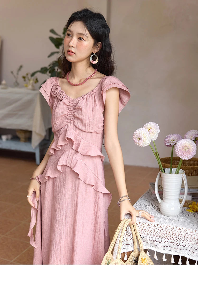 Mishow Flower Flying Sleeve V-Neck Pink Dress MXE34L2243
