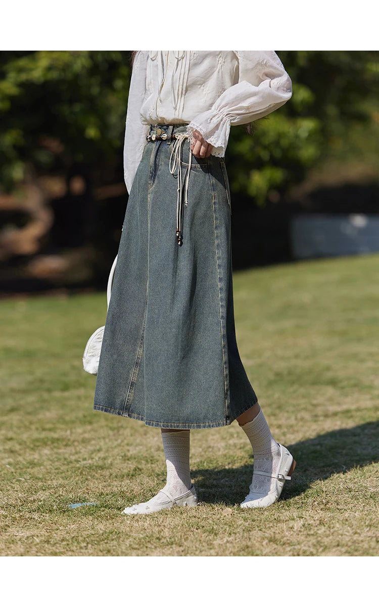 Mishow Korean Denim Vest Coat & Slim A-Line Midi Skirt Set MXE13W0731