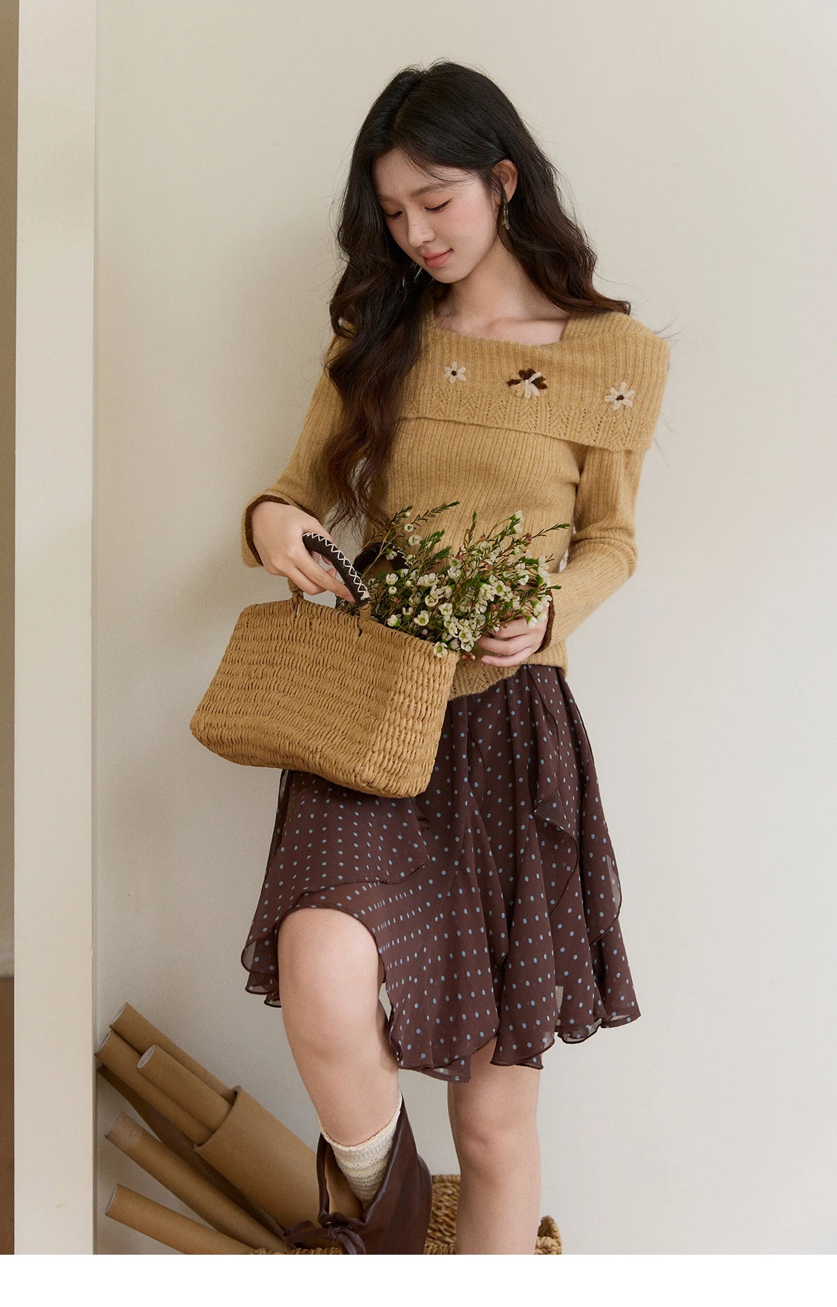 Mishow Yellow One Shoulder Floral Ribbed Sweater MXF11Z2894