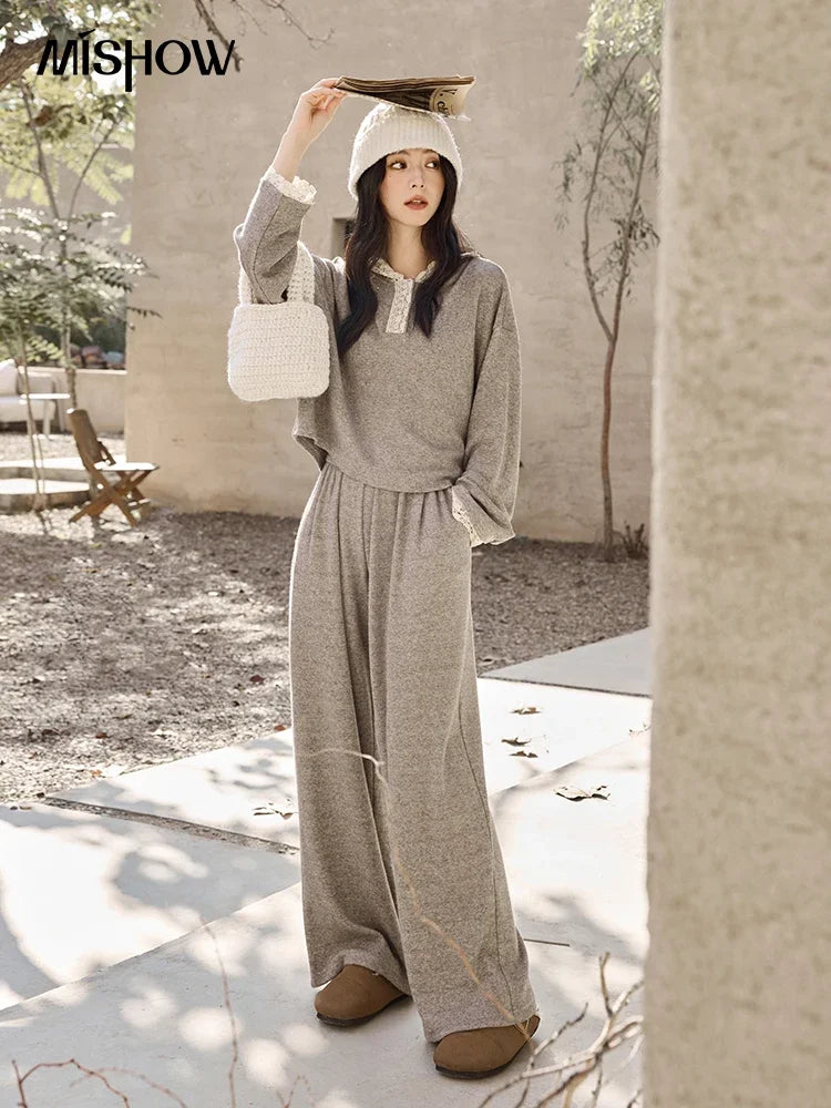 Mishow Lace Splicing Hooded Sweatshirt & Wide Leg Pants Set MXD34V0098